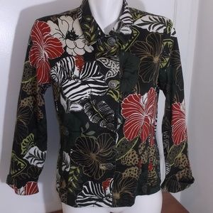 Chico's Red Blk Floral Stretch Shirt Jacket 0 Sm